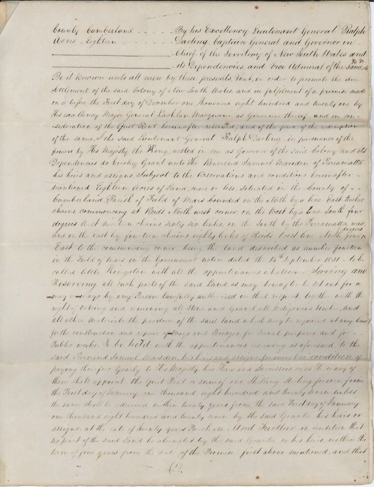 Item #CL161-9 Grant To The Reverend Samuel Marsden Of 18 Acres Of Land In The County Of Cumberland And Parish Of The Field Of Mars [Marsfield, NSW]