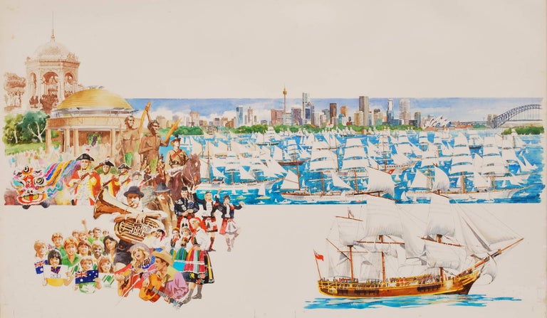 Item #CL169-157 [Australian Bicentenary Celebrations, Showing Sydney Harbour, People Wearing Traditional Dress, And Musicians]. Don Stephens, b.1941 Aust.