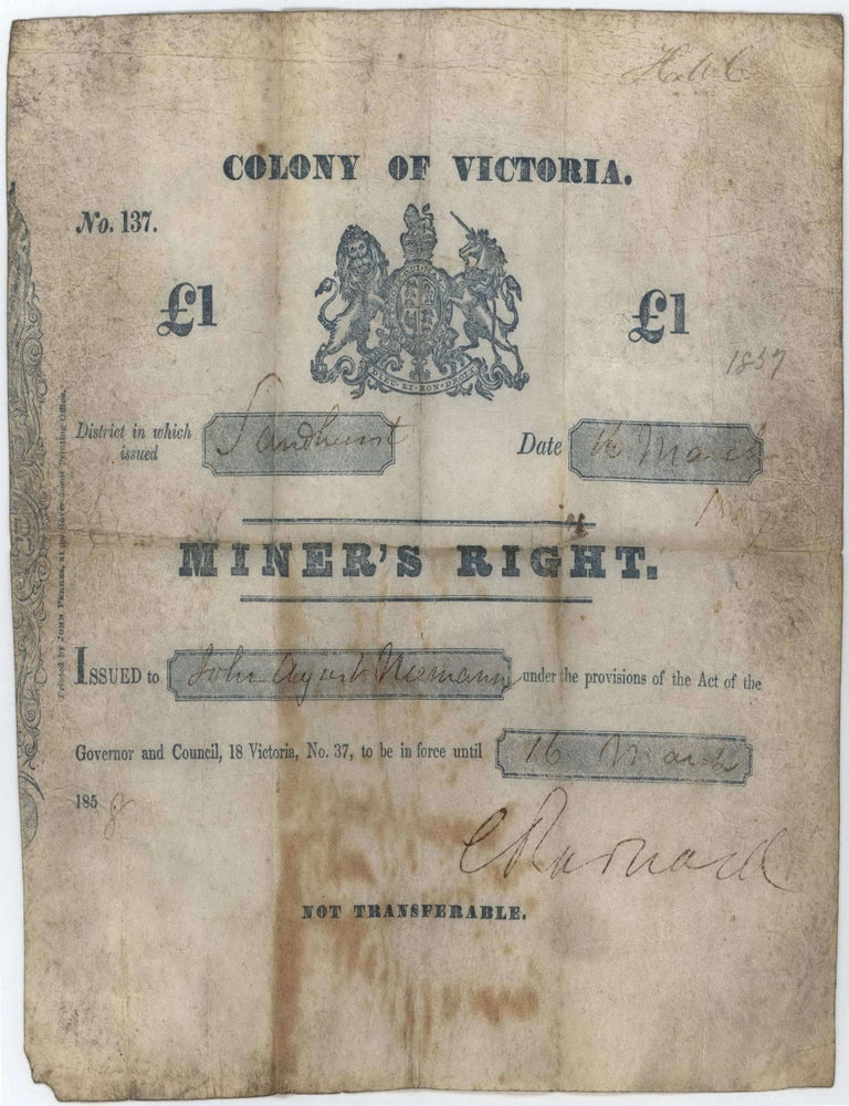 Item #CL169-18 Miner&rsquo;s Right. One Pound. Colony Of Victoria, Issued At Sandhurst [Bendigo]