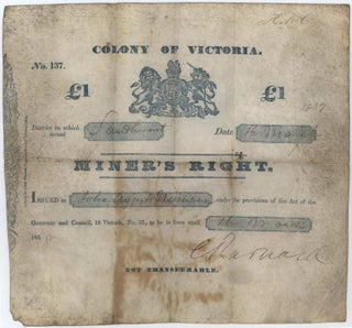Item #CL169-18 Miner’s Right. One Pound. Colony Of Victoria, Issued At Sandhurst [Bendigo