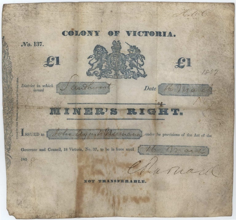 Item #CL169-18 Miner’s Right. One Pound. Colony Of Victoria, Issued At Sandhurst [Bendigo]