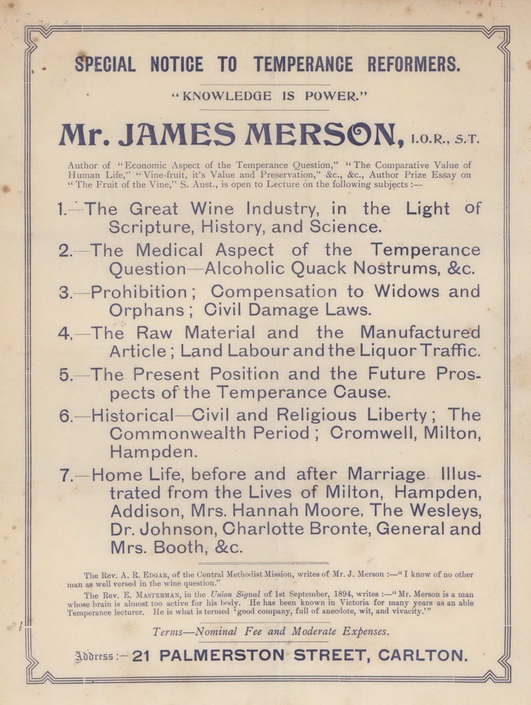 Item #CL169-73 Special Notice To Temperance Reformers. “Knowledge Is Power.” Mr James Merson
