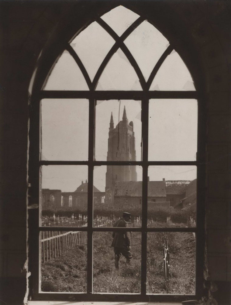 Item #CL172-94 [Looking Through A Ruined Cathedral Window Onto A Battlefield Cemetery]. Frank Hurley, Aust.