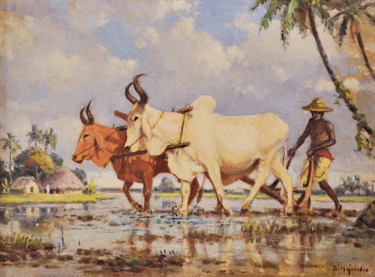 Item #CL173-102 [Man With Oxen Ploughing A Rice Paddy]. B. Majumdar, Indian.