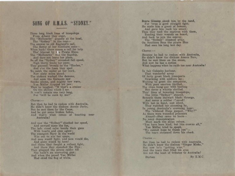 Item #CL174-101 Song Of HMAS “Sydney” [Verse]. Ethel Campbell, South African.