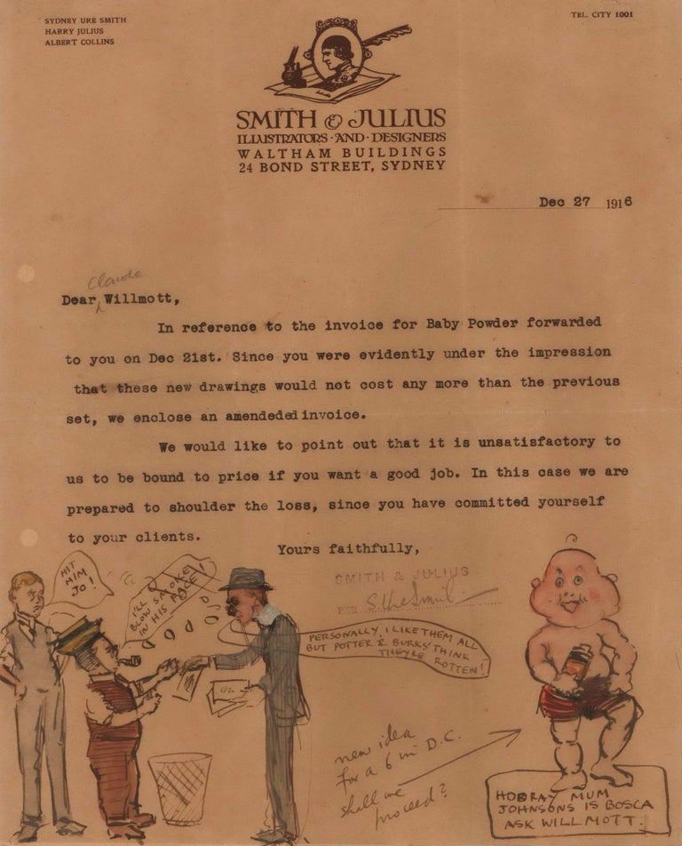 Item #CL174-96 [Baby Powder Caricature On Smith & Julius Letterhead]. Sydney Ure Smith and Harry Julius, Aust.