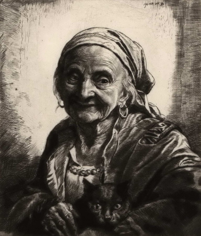 Item #CL175-68 [Old Gypsy Woman With Black Cat]. Herbert Johnson Harvey, Brit.