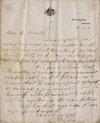 Item #CL179-14 Letter From Prime Minister Joseph Lyons To Sir Edward McCarthy