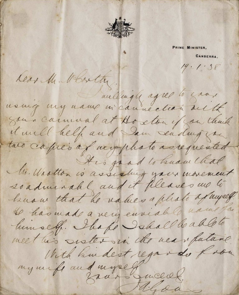 Item #CL179-14 Letter From Prime Minister Joseph Lyons To Sir Edward McCarthy