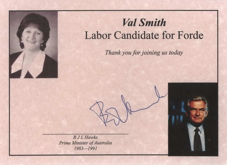 Item #CL179-175 Certificate For Val Smith From Bob Hawke