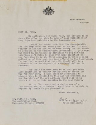 Item #CL179-34 Letter From PM Robert Menzies To Dr Walter O. Paul [Donation To National...