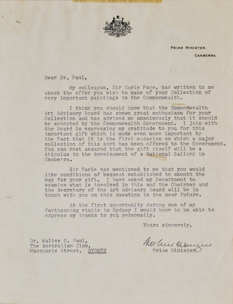 Item #CL179-34 Letter From PM Robert Menzies To Dr Walter O. Paul [Donation To National Gallery Of Australia]