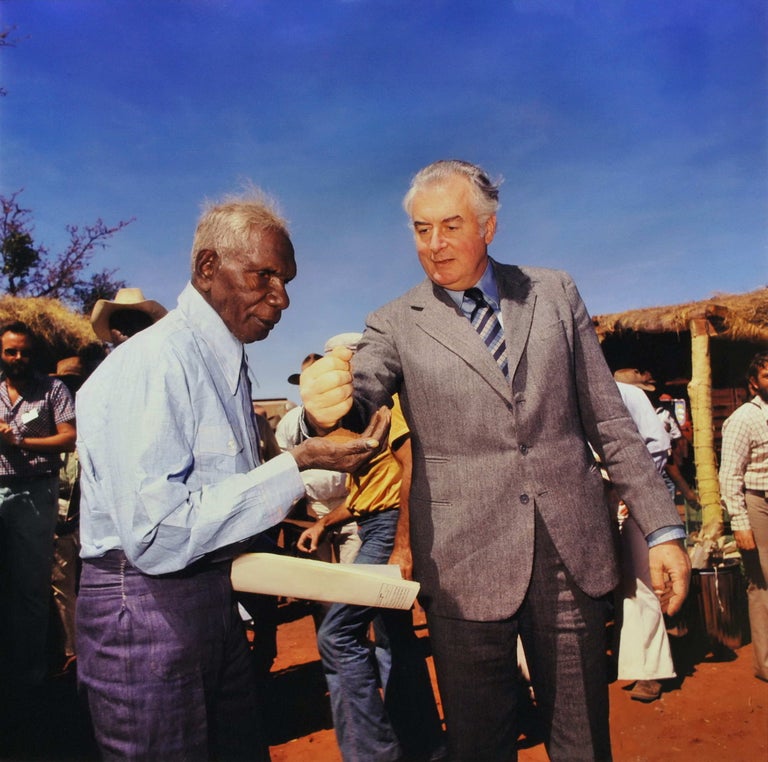 Item #CL179-92 Prime Minister Gough Whitlam Pours Soil Into Hand Of Traditional Land Owner (Gurindji) Vincent Lingiari (Wattle Creek), Northern Territory. Mervyn Bishop, b.1945 Aust.