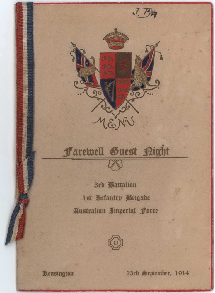 Item #CL181-115 “Farewell Guest Night” Menu. 3rd Battalion, 1st Infantry Brigade, Australian Imperial Force