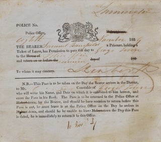 Item #CL181-33 Ticket Of Leave For Prisoner Samuel Barnfield To Pass From Launceston To...