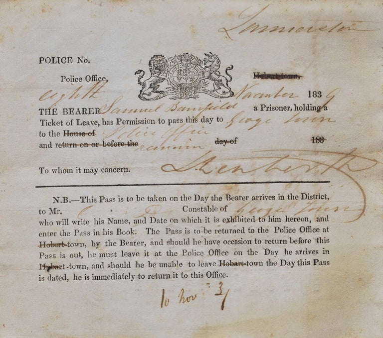 Item #CL181-33 Ticket Of Leave For Prisoner Samuel Barnfield To Pass From Launceston To George Town, Tasmania