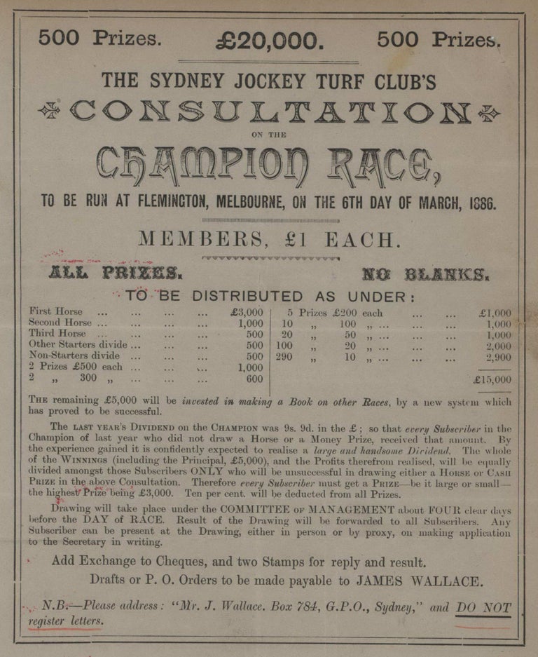Item #CL181-78 The Sydney Jockey Turf Club’s Consultation On The Champion Race, To Be Run At Flemington, Melbourne [Sport Betting Scam]