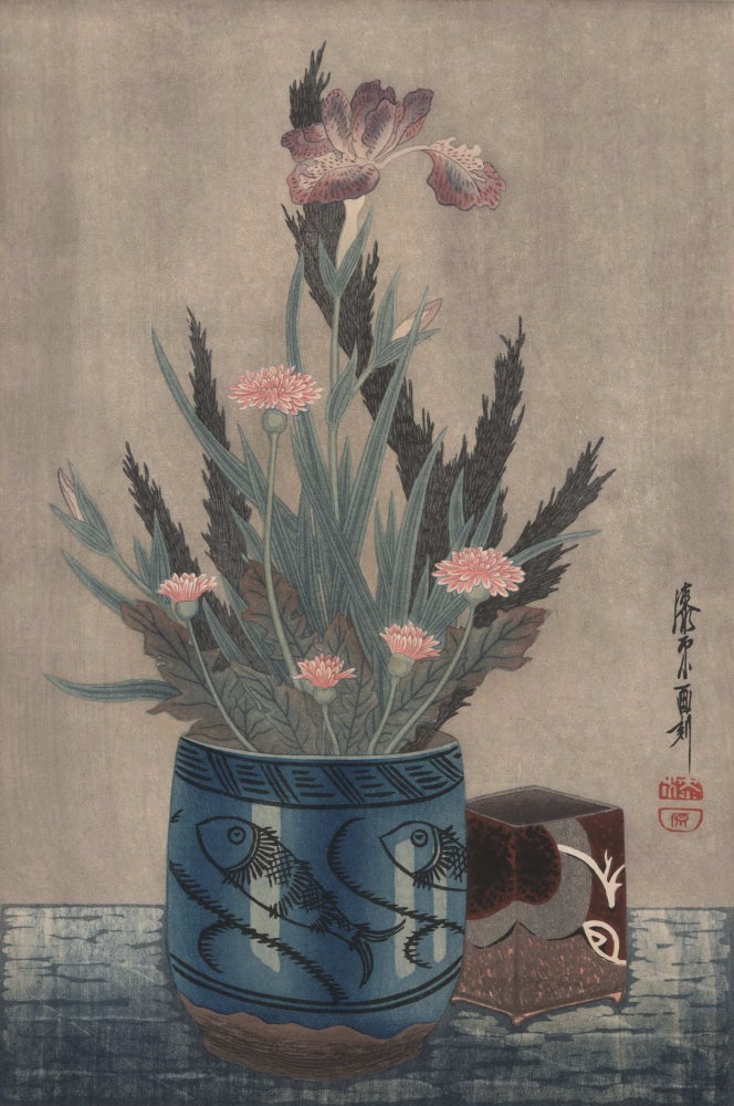 Item #CL184-122 [Sweet Flag Flowers And Gerberas In Vase With Fish Motif]. Urushibara Mokuchu, Japanese.