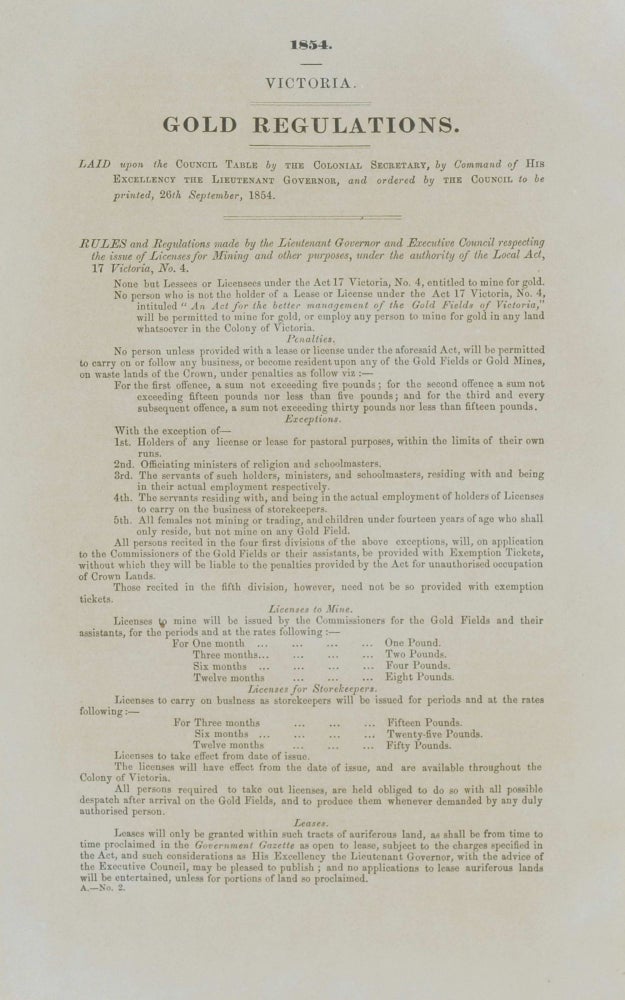 Item #CL187-25 Victoria Parliamentary Paper No. A2 – “Gold Regulations” [The Cause Of Eureka Stockade]