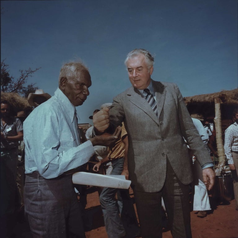Item #CL191-51 Prime Minister Gough Whitlam Pours Soil Into Hand Of Traditional Land Owner (Gurindji) Vincent Lingiari (Wattle Creek), Northern Territory. Mervyn Bishop, b.1945 Australian.