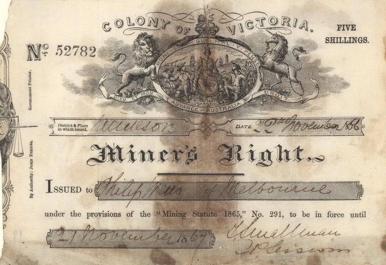 Item #CL194-30 Miner’s Right Issued To Philip Wells Of Melbourne [Gold-mining]. Samuel Calvert, Australian.