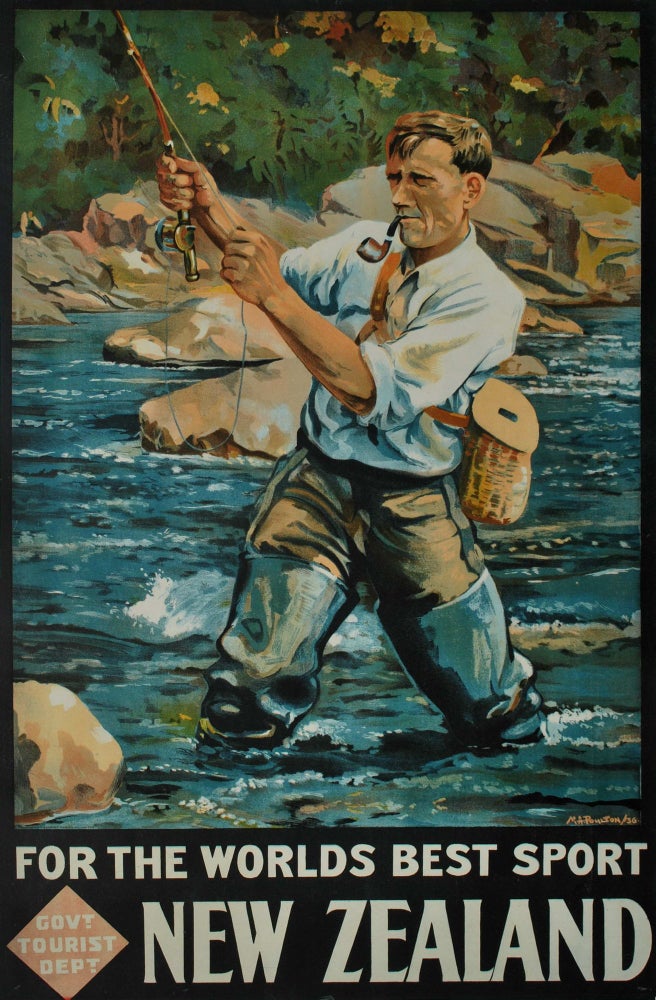 Item #CL197-32 For The World’s Best Sport, New Zealand [Angler Fishing]. Maurice Alec Poulton, 1909–1983 NZ.