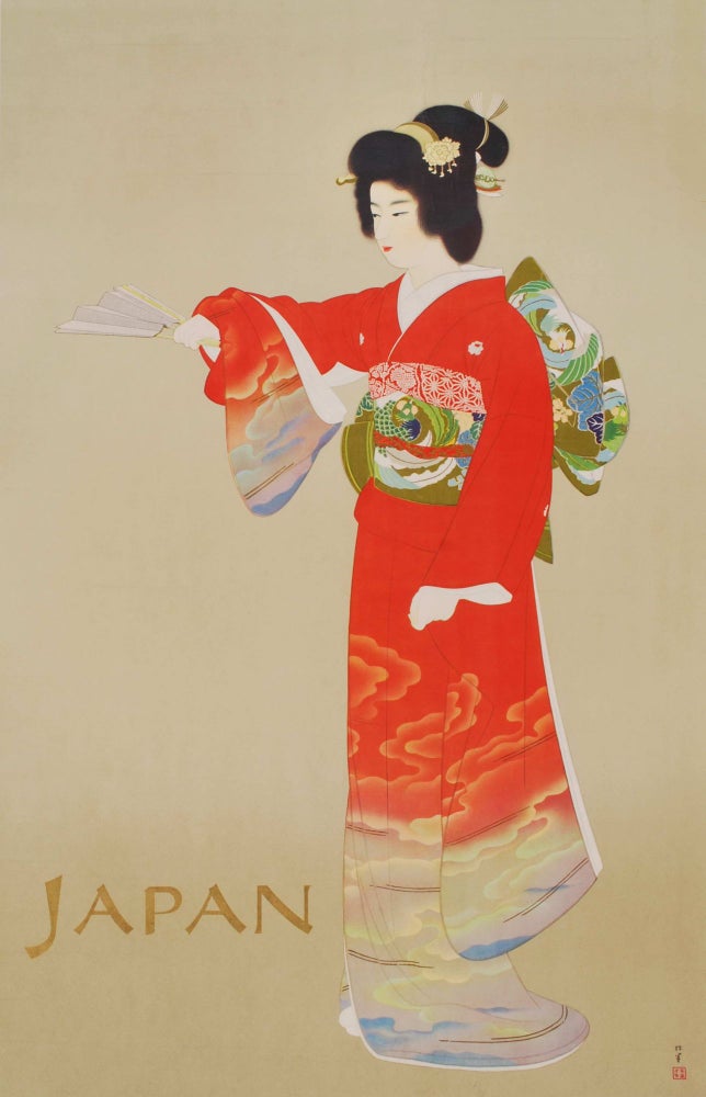 Item #CL197-62 Japan Travel Bureau [Geisha In Red Kimono]. Uemura Shoen, 1875–1949 Japanese.