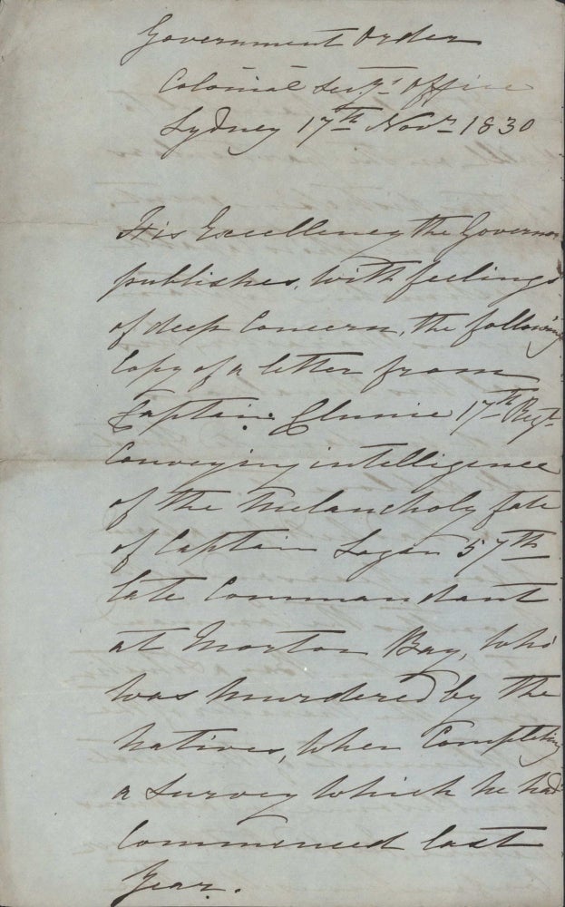 Item #CL199-13 The Assassination Of Captain Patrick Logan, Commander Of Moreton Bay Penal Colony [Letter By Alexander McLeay, Colonial Secretary]