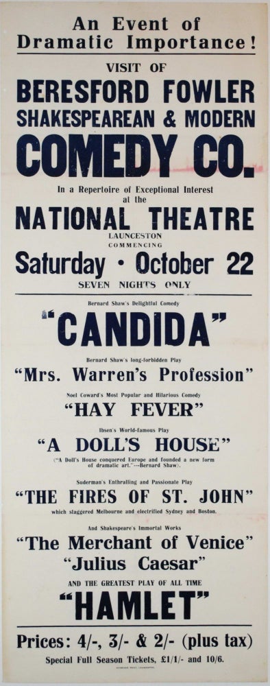 Item #CL200-41 Visit Of Beresford Fowler Shakespearean & Modern Comedy Co… At The National Theatre, Launceston [Tasmania]
