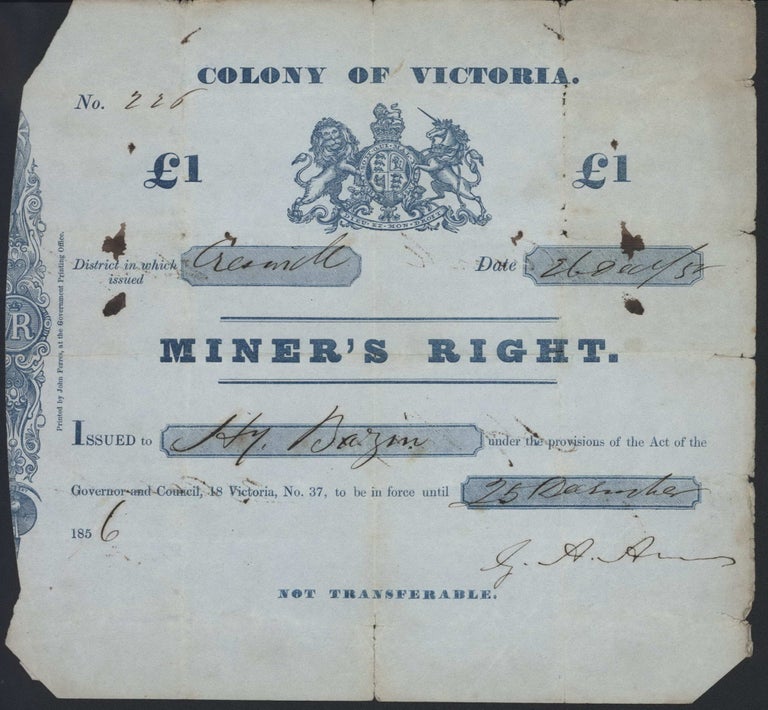Item #CL201-11 Colony Of Victoria Miner’s Right [Gold Mining]