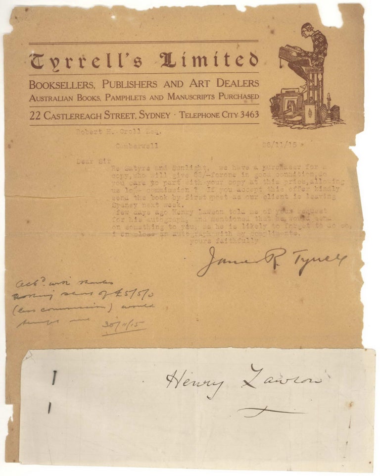 Item #CL203-25 Letter From Bookseller James Tyrrell To Robert Croll and Henry Lawson’s Autograph On Slip