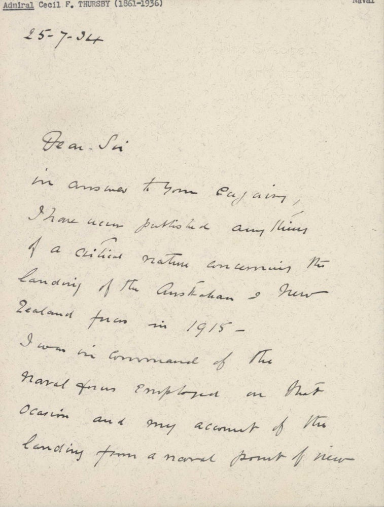 Item #CL206-45 Letter By Admiral Cecil F. Thursby