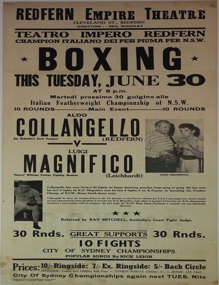 Item #CL209-46 Italian Featherweight Championship NSW, Boxing, Aldo Collangello (Redfern) vs Luigi Magnifico (Leichhardt)